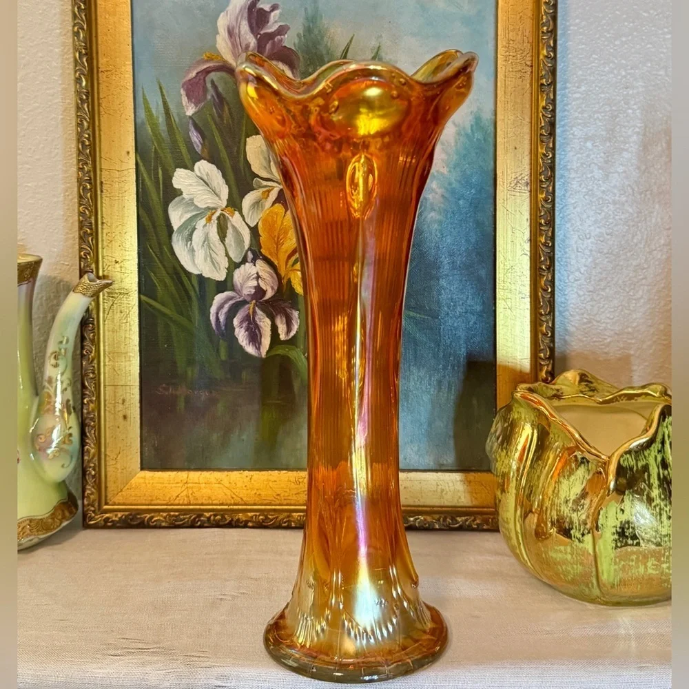 Antique Imperial Carnival Glass 1912 Marigold Beaded Bullseye Swung Vase